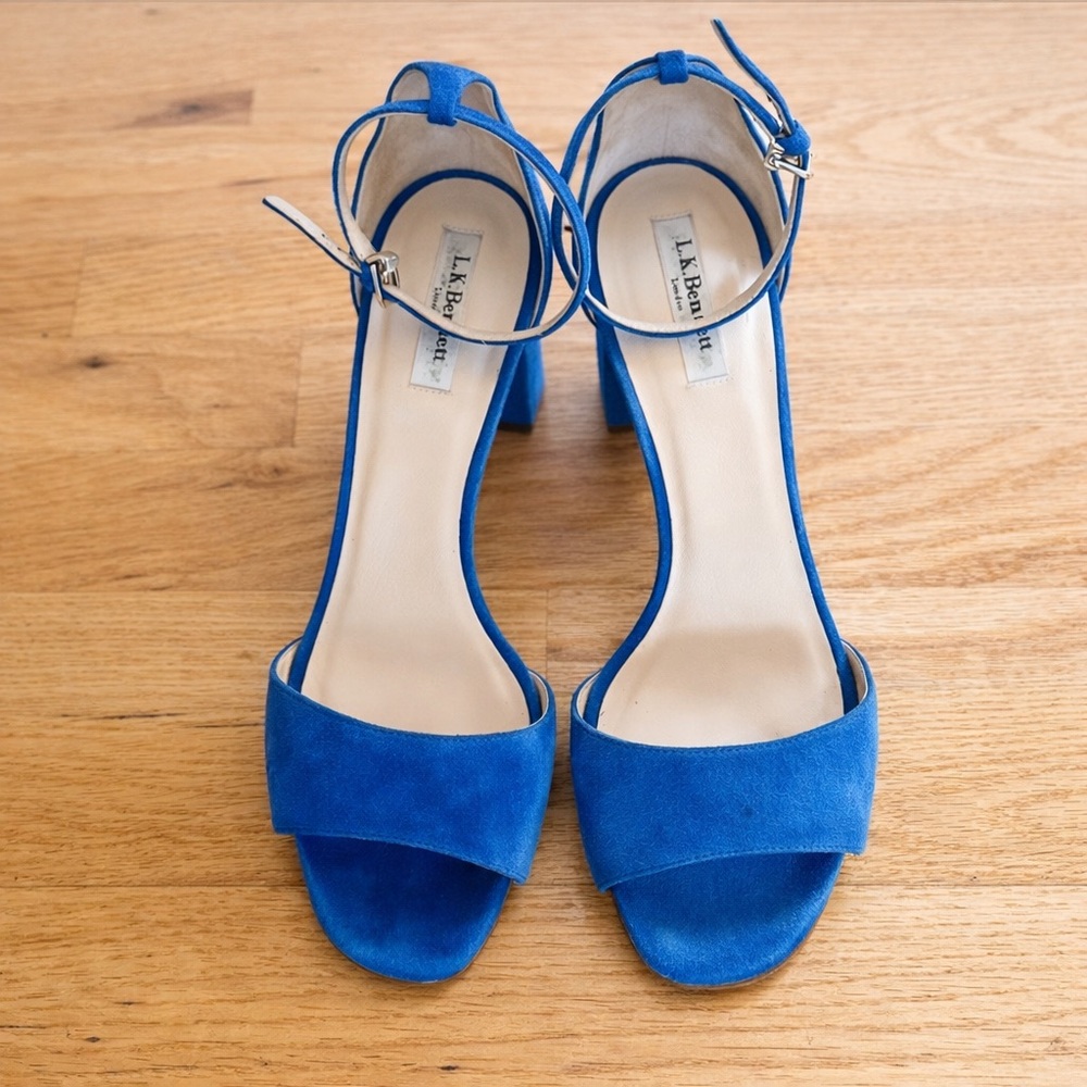 L.K. Bennett Blue Suede Block Heel Sandals - Made in  Italy - Size 41 US 10 - Picture 2 of 7